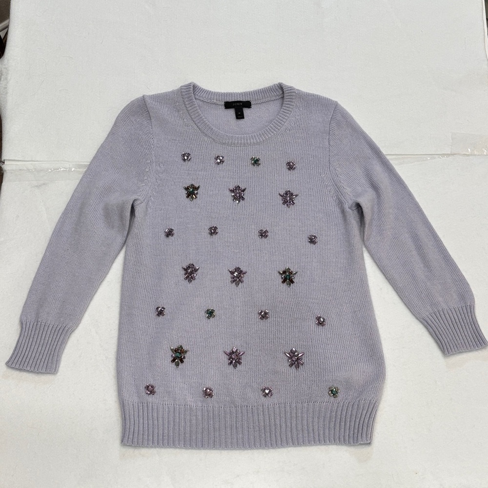 J. Crew Light Purple Sweater Floral Embellishments Womens Medium Wool Blend - Picture 2 of 8